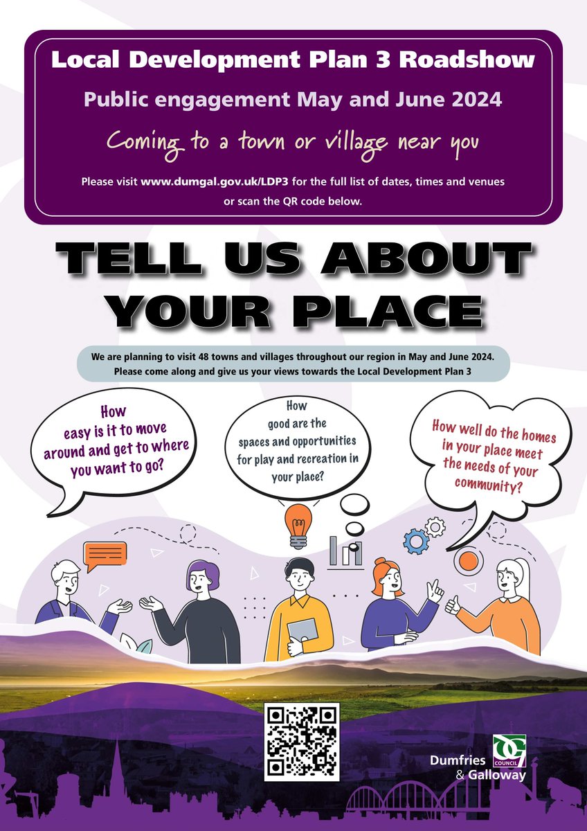 Development Planning team will be visiting 48 towns and villages as the team look to prepare the next Local Development Plan. Come and have your say. The Dumfries event is on 23 May from 10am to 4pm in Queensberry Square. More at dumgal.gov.uk/ldp3