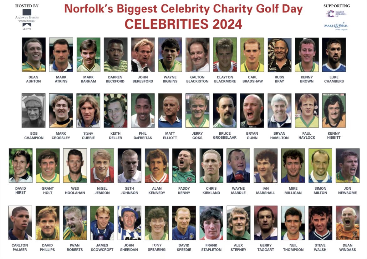 Updated list of 50 celebrities, who will be playing in “Norfolk’s Biggest Ever Celebrity Charity Golf Day”, on Thursday 12th September at @WensumValleyPro - hosted by Archway Events ! @MrGunny1963 @DWindass10 @bignorms @ChefGalton @Milts25 @DavidSpeedie10 @7777dp @jon_newsome