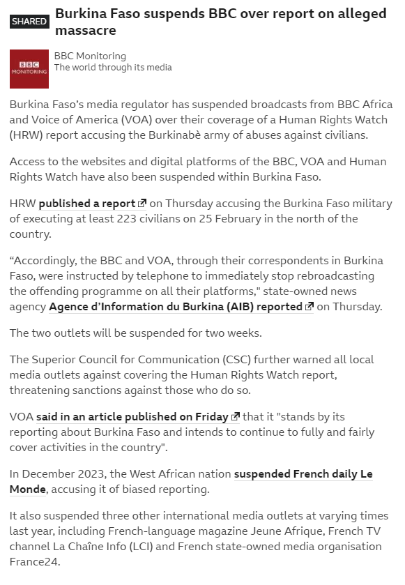 Human Rights Watch, the BBC and Voice of America have been suspended by Burkina Faso's media regulator over their coverage of the alleged massacre by the army.