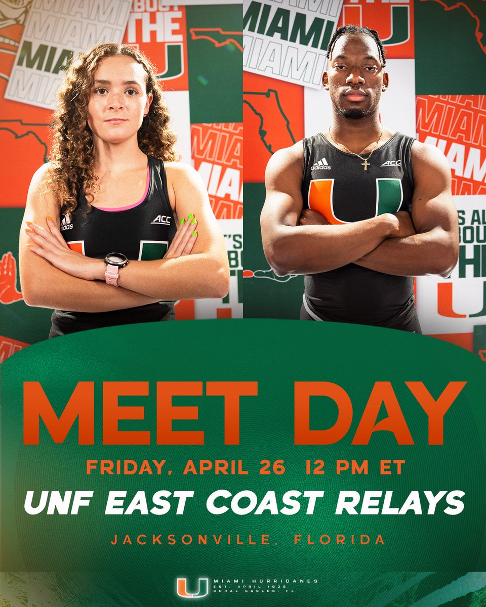 Let’s go take care of business 💪 🙌: UNF East Coast Relays 📍: Jacksonville, Florida ⏰: 12 PM ET 📊: bit.ly/3xUfOOw #GoCanes