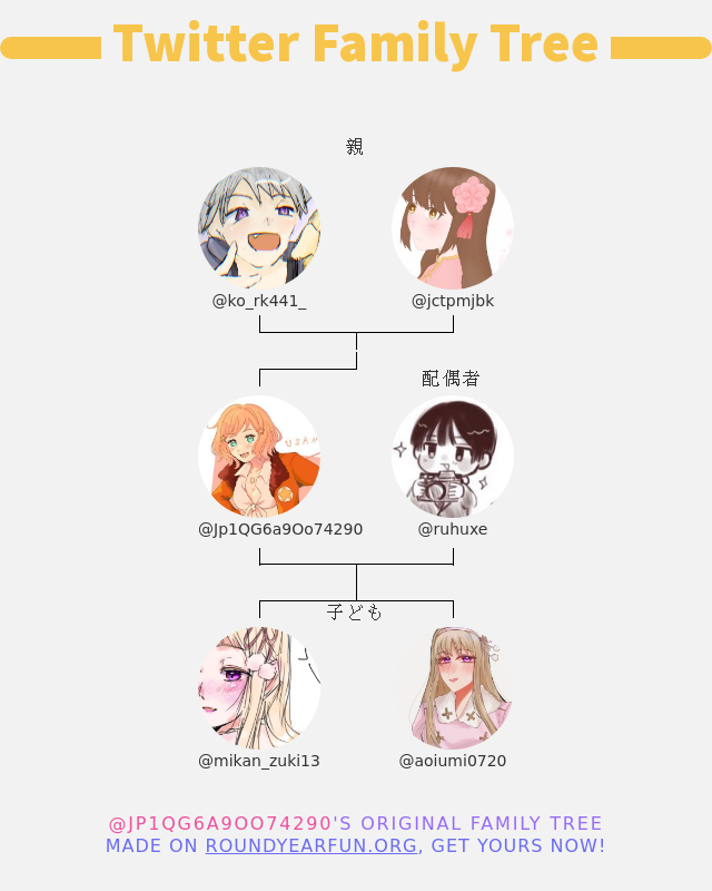 👨‍👩‍👧‍👦 私のTwitter家族:
👫 親: @ko_rk441_ @jctpmjbk
👰 配偶者: @ruhuxe
👶 子ども: @mikan_zuki13 @aoiumi0720

➡️ infinitytweet.me/family-tree