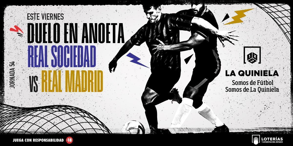 El Reale Arena recibe al líder: Real Sociedad vs. Real Madrid
- Partidazo por todo lo alto en Anoeta entre el 6º y el 1º
- Los de Imanol Alguacil buscarán asegurar Europa ante la relajación de un Madrid con el título en el bolsillo.
🔵 ⚪ vs⚪ ⚪  

#LaQuiniela #fútbol #LaLiga