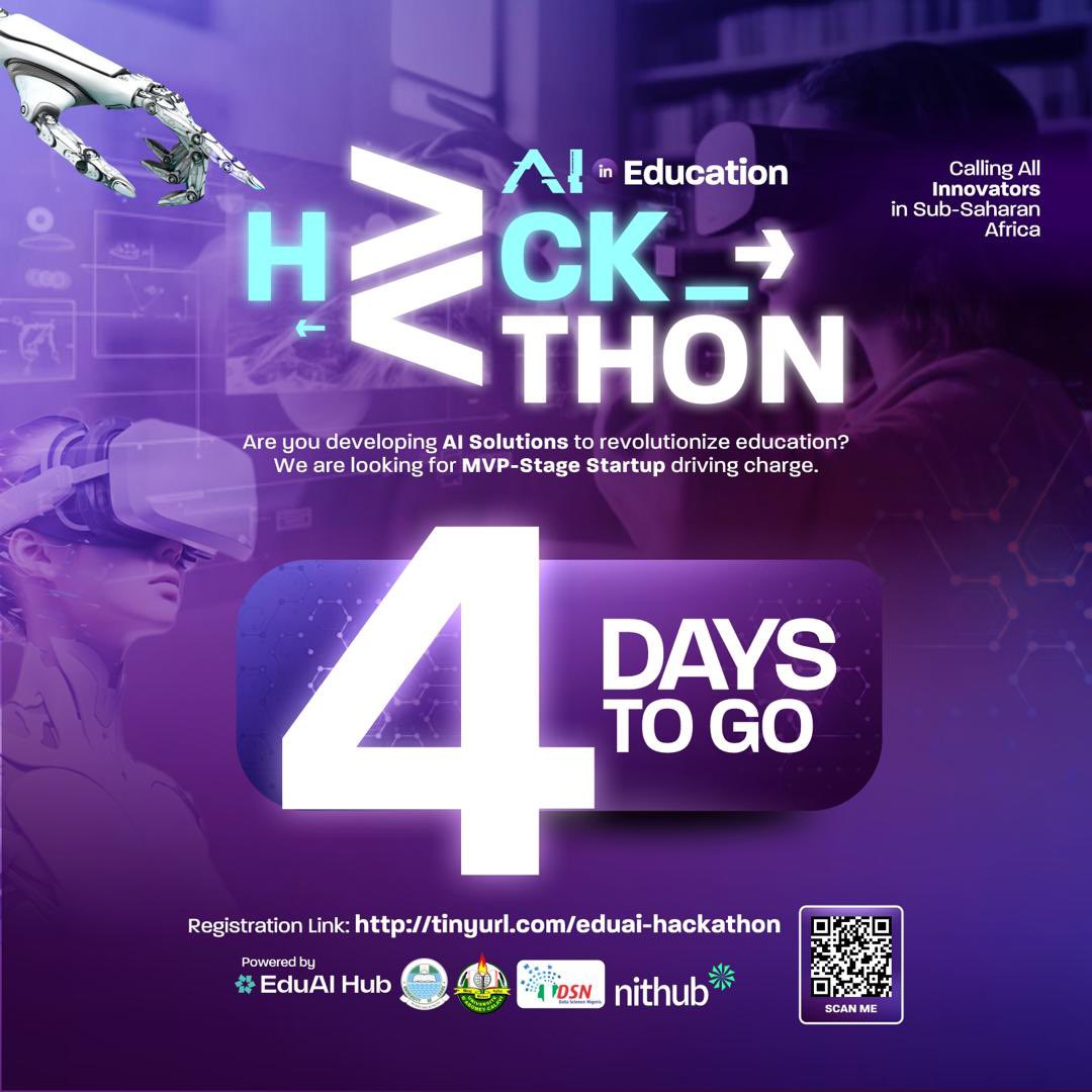 4 days left! This is your opportunity to get involved in the forefront of innovation and help shape the future of the digital economy. Don't miss out on this opportunity Register now via the link tinyurl.com/eduai-hackathon #Eduaihackathon #mohbad #AIineducation #innovation