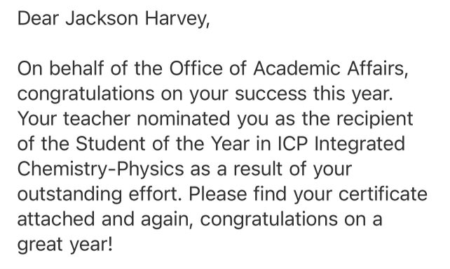 Working just as hard in the class room. This year I’ve made High Honors with a 4.12 GPA. I also have been awarded with Student of the Year in my Integrated Chemistry-Physics class @CoachMillz_ @xfactorQB @Coachpeebs @CoachJMDaniels @CoachFreytag