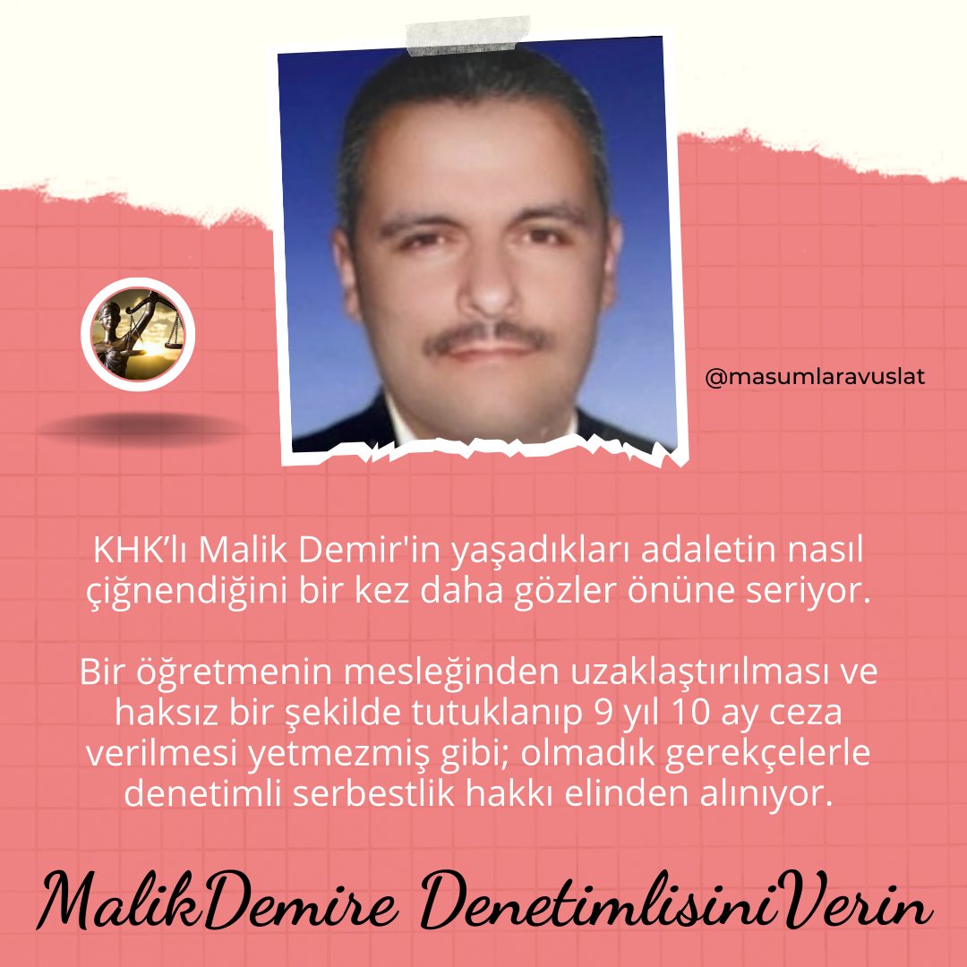 Bir öğretmenin mesleğinden uzaklaştırılması ve haksız bir şekilde tutuklanıp 9 yıl 10 ay ceza verilmesi yetmezmiş gibi; olmadık gerekçelerle denetimli serbestlik hakkı elinden alınıyor. @GulizarBicer MalikDemire DenetimlisiniVerin