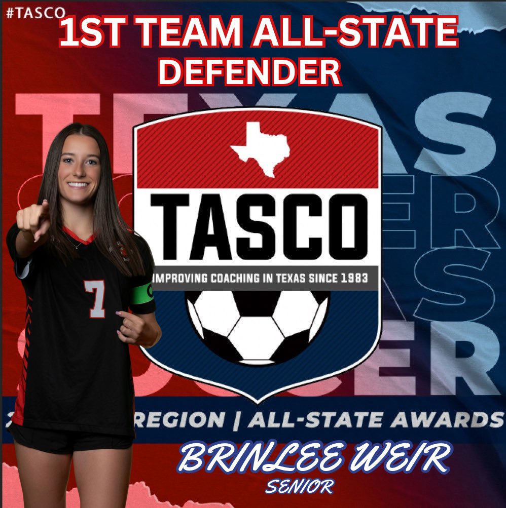 Congrats @BrinleeWeir on getting recognized amongst the elite players in the state tournament…1st team all-state honors!!! @LethalSoccer @ROCOgameday @tascosoccer @RISDAthletics @PrepSoccer @KristovMtz17 @CoachBrittRose @DevinHasson @SportsDayHS @ihss_dfw @50_50Pod