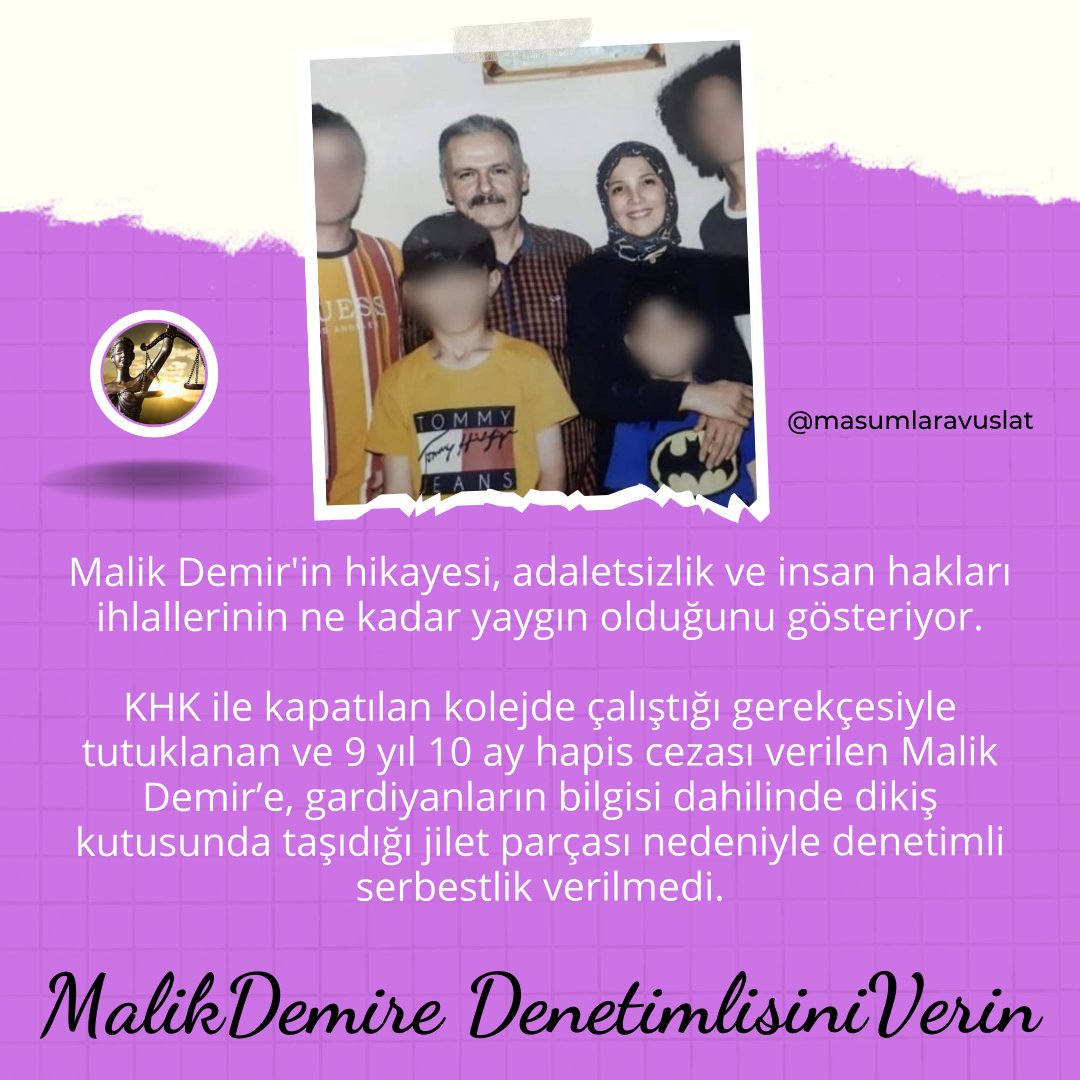 Malik Demir'in hikayesi, insan hakları ihlallerinin ne kadar yaygın olduğunu gösteriyor. KHK'lı Malik Demir'e gardiyanların bilgisi dahilinde dikiş kutusunda taşıdığı jilet parçası nedeniyle denetimli serbestlik verilmedi. @profdrhalukkoc MalikDemire DenetimlisiniVerin