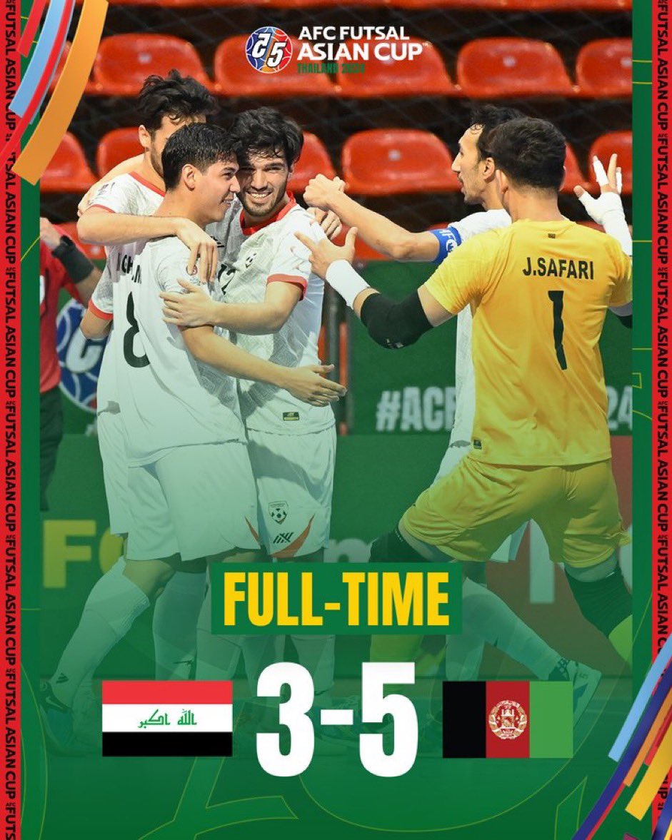FT | 🇮🇶 Iraq 3️⃣-5️⃣ Afghanistan 🇦🇫

Afghanistan will play for a spot at the #FutsalWC on Sunday at the Playoff Final! 

#ACFutsal2024 | #IRQvAFG