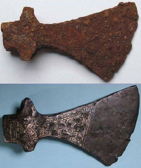 Viking axe before and after restoration