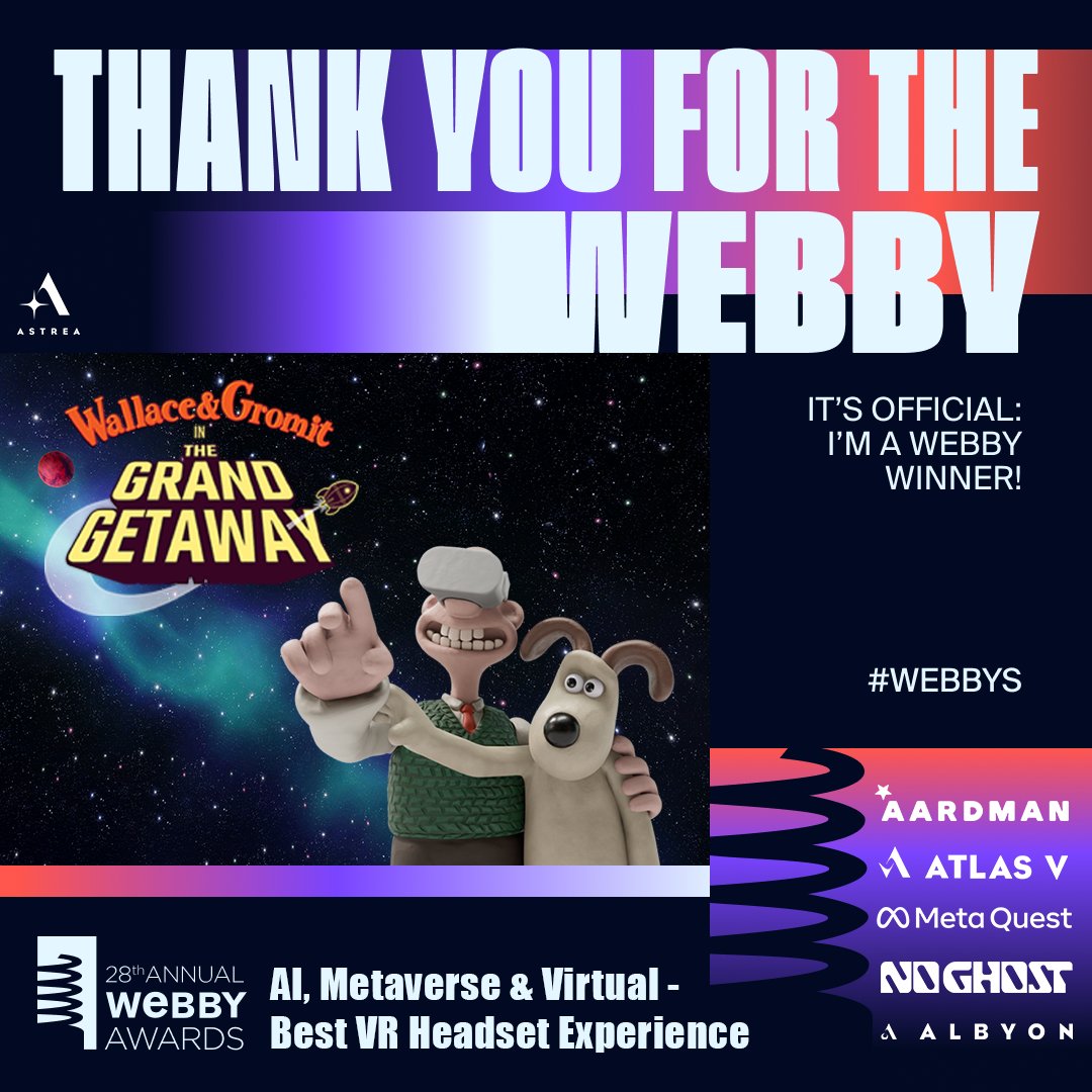 Wallace & Gromit in The Grand Getaway has won at @TheWebbyAwards for Best VR Headset Experience! Huge congrats to everyone at Aardman, @AtlasVcorp, @astreaimmersive, @albyon_studio and @noghoststudio! 👏 The Grand Getaway is available now on @MetaQuestVR headsets 🚀 #Webbys
