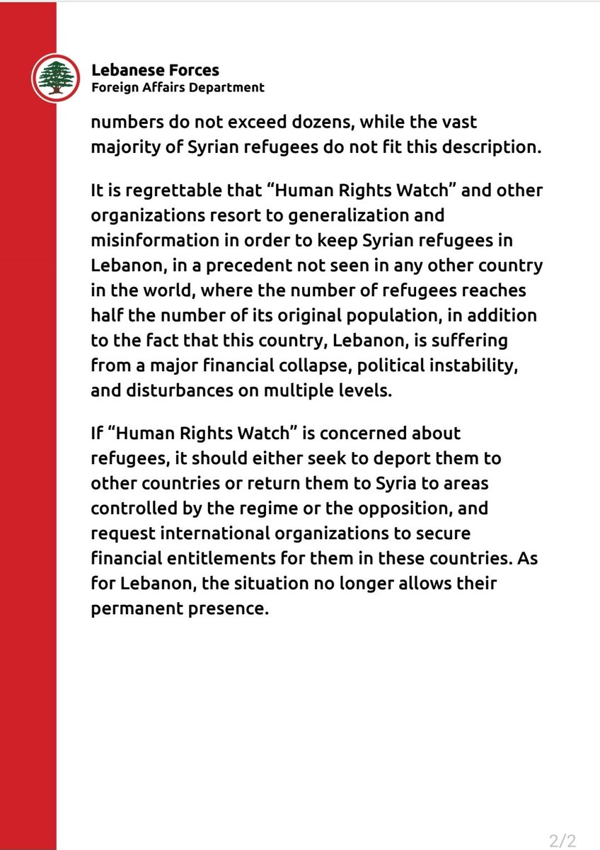#HumanRightsWatch 报告具有误导性！
您的报告基于错误信息，这太离谱了，因为黎巴嫩的叙利亚难民占总人口的 50% 左右（接近一半），其中 99% 根本不符合政治活动家的描述！
#Lebanon  嫩不能再接纳他们了！