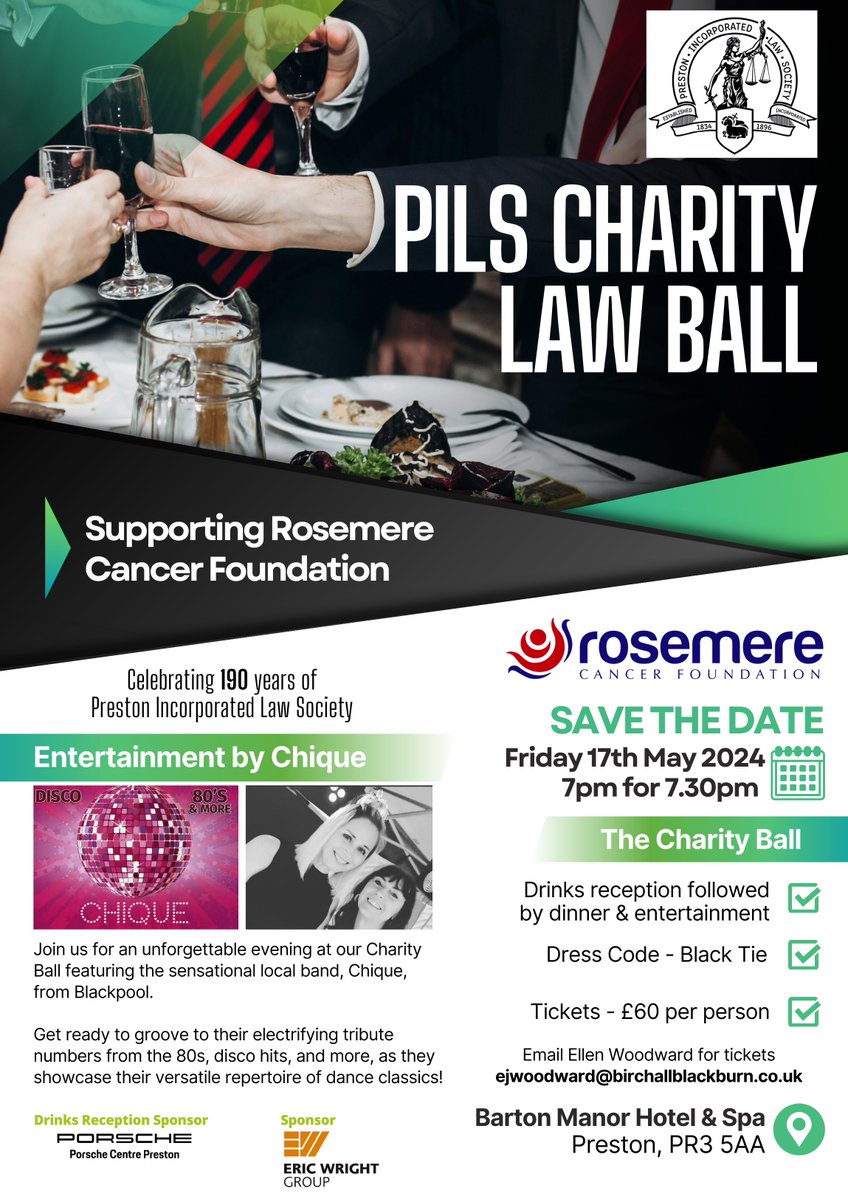 ⚠️Don't miss out! Only 3 weeks to go until our annual PILS Charity Law Ball - email Ellen Woodward at ejwoodward@birchallblackburn.co.uk for tickets!! 🎟️ 🎉Thanks @EricWrightGroup & @Porsche_Preston who have sponsored and will help raise funds for @RosemereCF! 🎉 #PILS