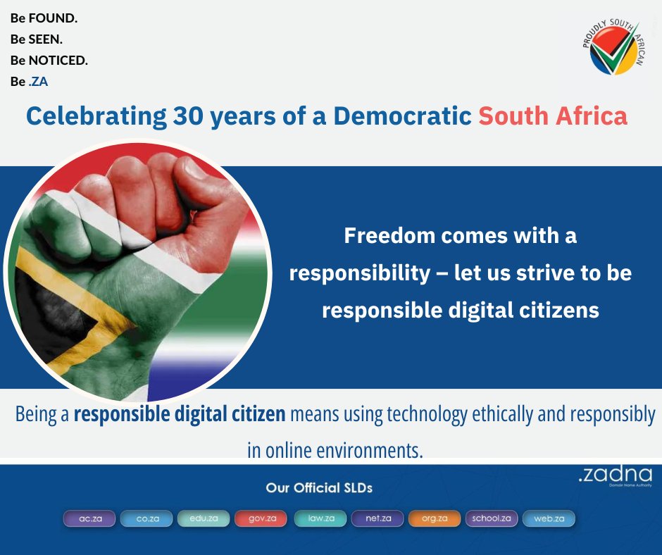 Today we celebrate 30 years of a democratic South Africa. We encourage all internet users to be responsible digital citizens. #ResponsibleDigitalCitizen #FreedomDay