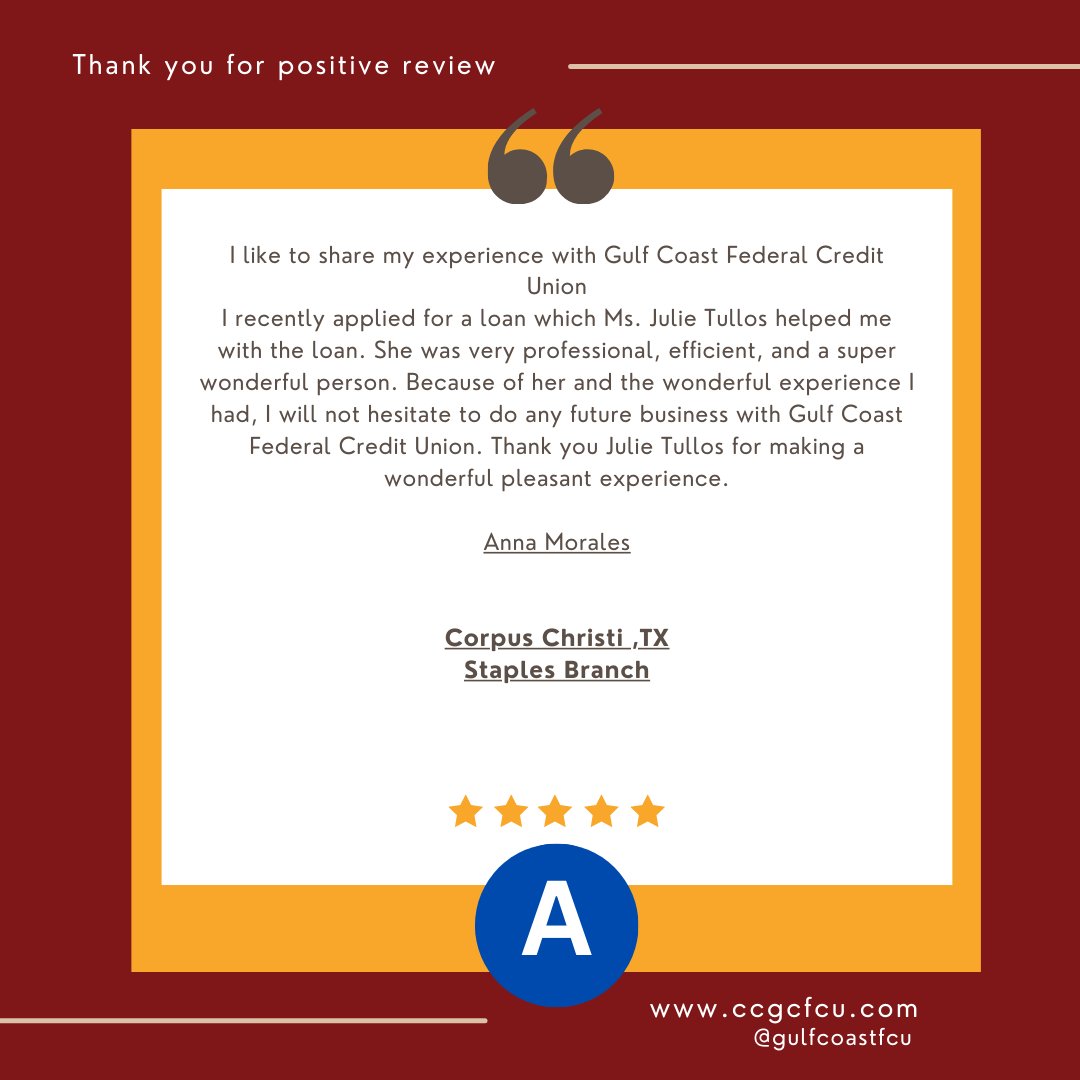 📷📷 Thriving on Five-Star Success! 📷📷
At Gulf Coast FCU, reaching for the stars isn't just a goal—it's our standard! 📷 We're overjoyed to receive a stellar review from Anna Morales.

#CCGCFCU #FiveStarService #MemberAppreciation #BankingExcellence #FinancialSuccess