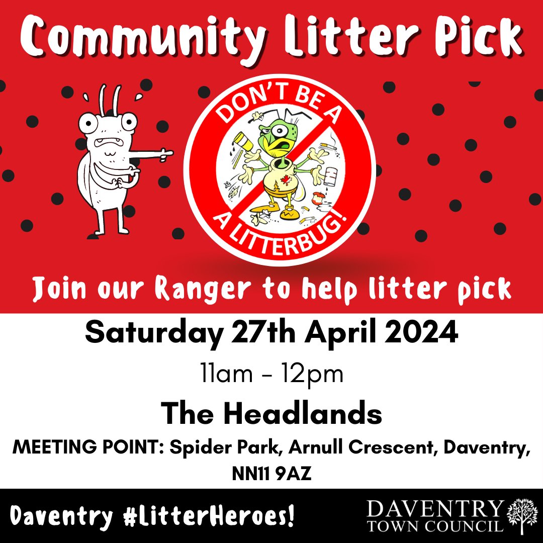 💥 𝗧𝗼𝗺𝗼𝗿𝗿𝗼𝘄 𝗳𝗿𝗼𝗺 𝟭𝟭𝗮𝗺-𝟭𝟮𝗽𝗺! 💥 Join our Litter Heroes as we tackle a litter hotspot and help keep our town tidy 💥 Volunteer just one hour of your time 💥 All equipment provided 💥 Meet at the Spider Park (NN11 9AZ) from 11am