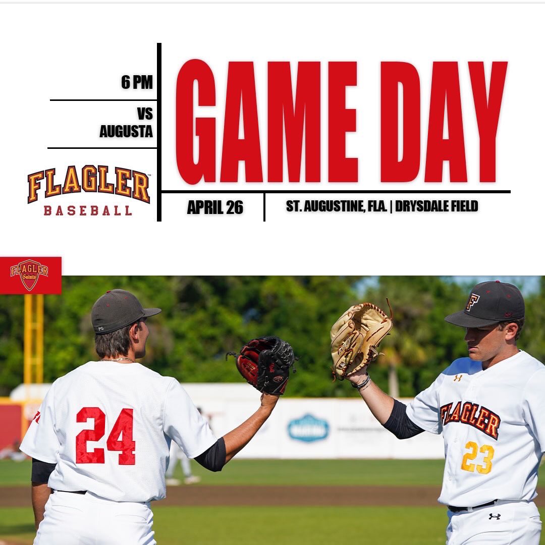 GAMEDAY @ HOME🔥 🆚 Augusta ⏰ 6 p.m. 📍 St. Augustine, Fla. 🎥 pbcsportsnetwork.com/flagler/ 📊 flaglerathletics.com/sidearmstats/b… #GoSaints x @Flagler_BSB