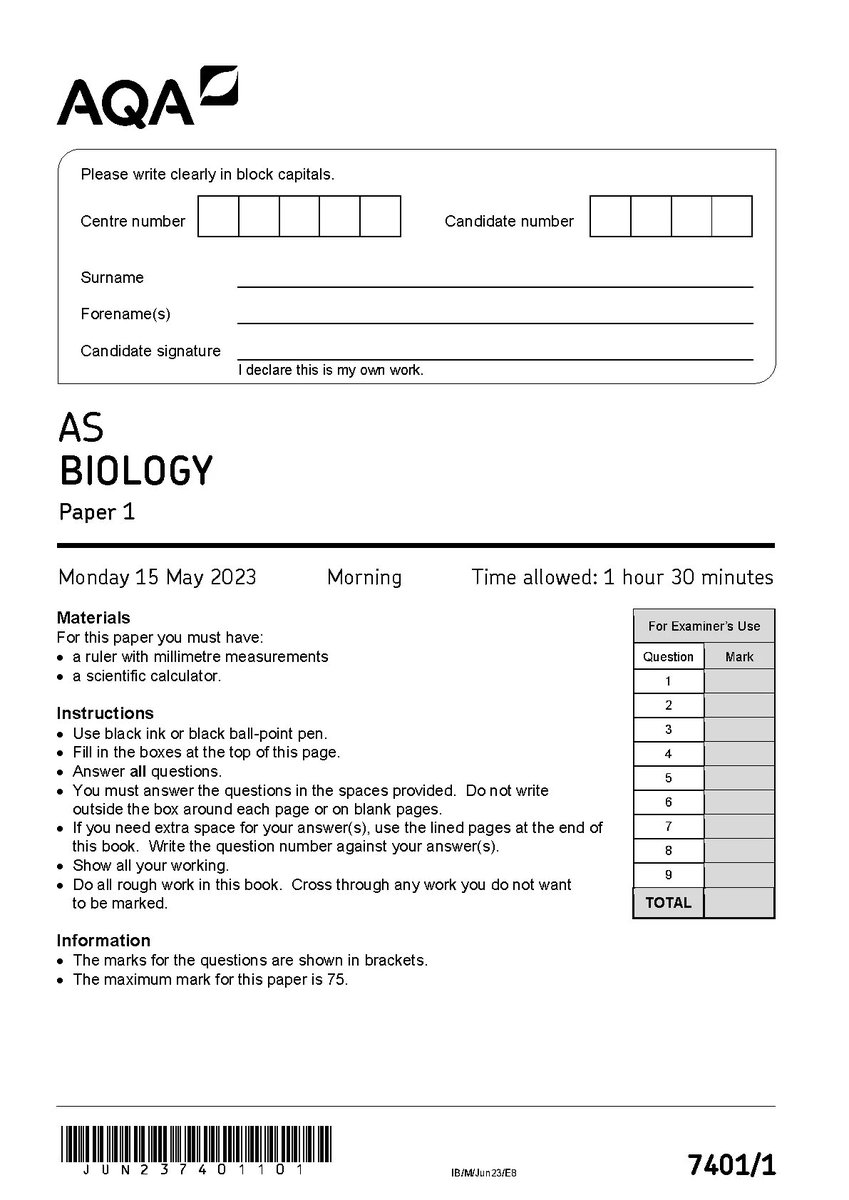 AQA AS BIOLOGY PAPER 1 MAY 2023 QUESTION PAPER (7401/1)
hackedexams.com/item/6576/aqa-…
#AQA #AQA2023  #AQAAS #BIOLOGYPAPER1 #QUESTIONPAPER #74011 #hackedexams