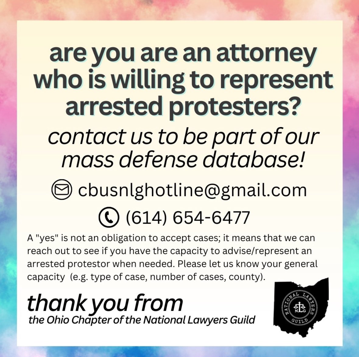 There is a pressing need for local attorneys to represent individuals facing criminal charges due to their participation at protests for a free Palestine. Willing attorneys should contact the Ohio National Lawyers Guild.