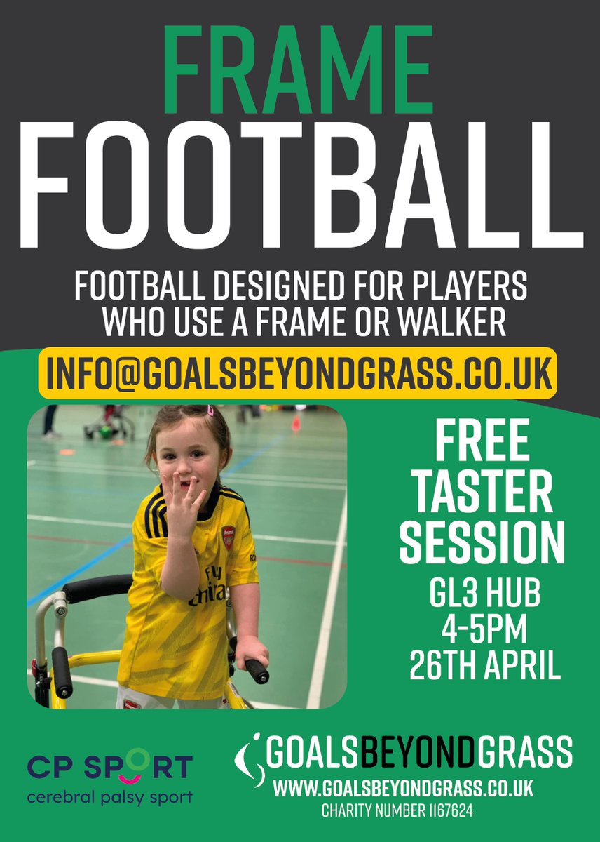 Goals Beyond Grass have partnered with CP Sport to deliver Frame Football Sessions in the Gloucester area for 5-15 year olds, with a FREE taster session today ⚽️💚 If you wish to book your place, then please contact info@goalsbeyondgrass.co.uk