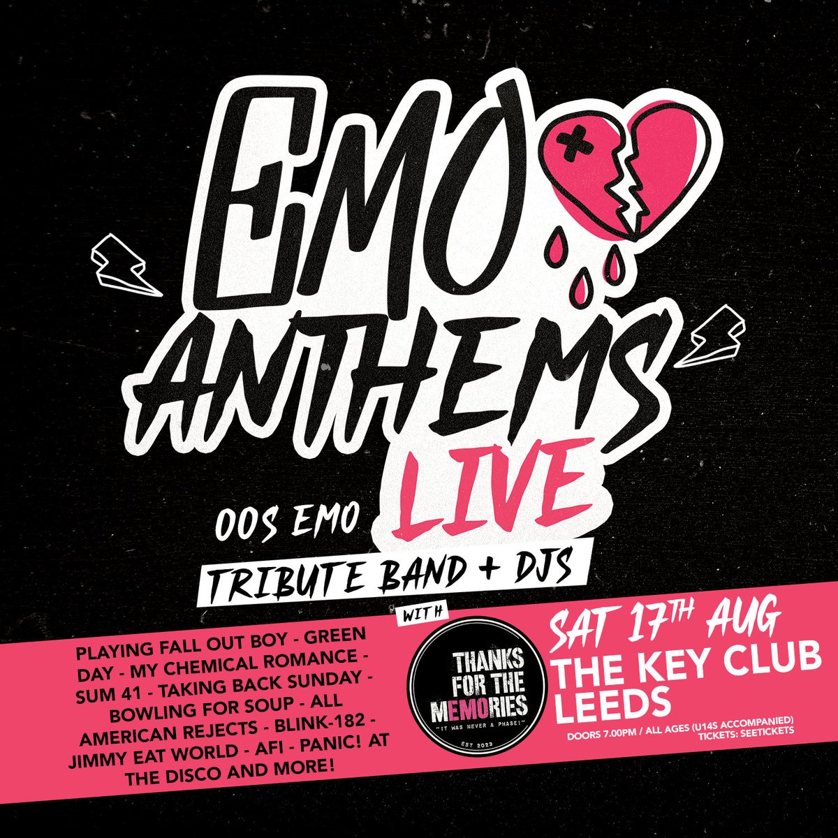 Emo Anthems Live is coming to Leeds with performances of iconic songs plus a DJ set on Saturday 17th August 🤘 Expect to hear hits from Fall Out Boy - Green Day - My Chemical Romance - Blink 182 - Panic! At The Disco and more! 💔🎶 On sale now from: thekeyclub.seetickets.com/event/emo-anth…