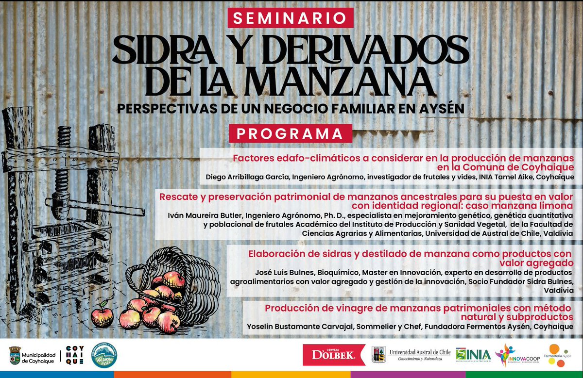 INIA_TAMELAIKE's tweet photo. Destacamos la presentación del investigador #INIATamelAike, Diego Arribillaga, titulada “Factores Edafo-Climáticos a Considerar en la Producción de Manzanas en la Comuna de Coyhaique”.  En el Seminario de Sidra y Derivados de Manzana, organizado por la @municoyhaique https://t.co/ejXqUXBu3D
