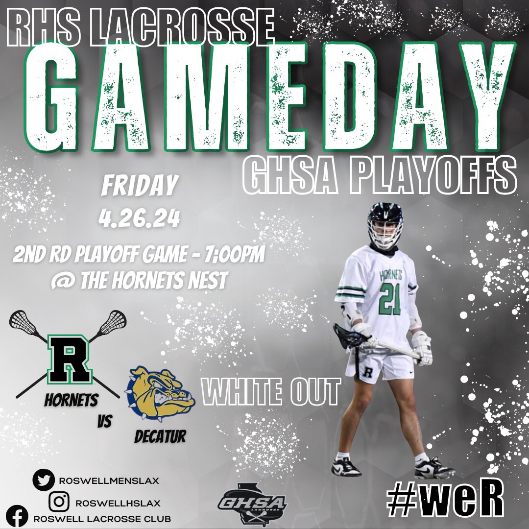 🐝GAME DAY SWEET 16🐝
⚪️⚪️⚪️WHITE OUT⚪️⚪️⚪️
🆚Decatur 
🗓4.26.24
⏰7pm
🏟Ray Manus Stadium
📍Roswell,Ga 
🎟Gofanhs 
📺NFHSNetwork 
🥍Class 5A-6A Area 5 #1 Seed vs Area 6 #2 Seed 
#weR #WELLmade #EARNit