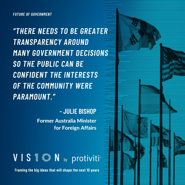VISION by Protiviti’s latest guest Julie Bishop discusses the four megatrends—emerging tech, shifts in geopolitical and economic power, globalization backlash, and climate change—that are currently disrupting Australia and other nations around the globe. bit.ly/3xQ8cfT
