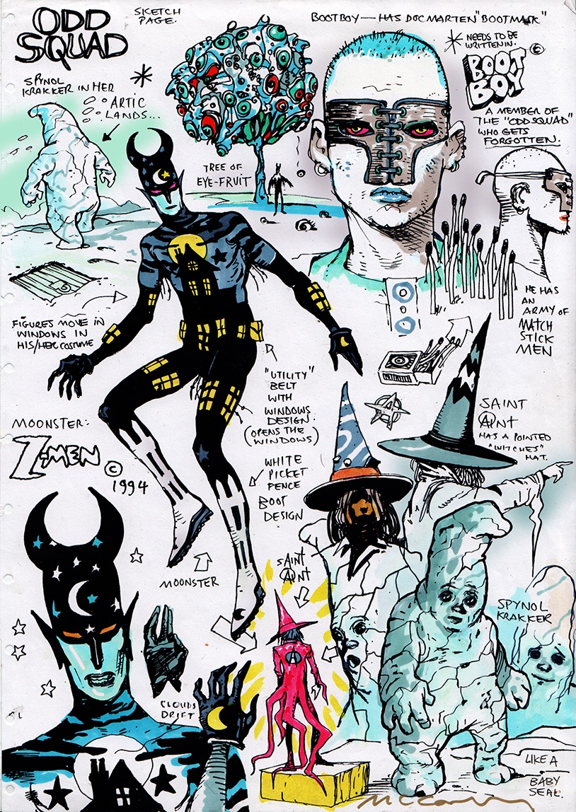 Z-MEN 1994 Designs for a series for Vertigo which in the end didn't happen. But I retooled the idea as Dream Gang, published about 20 years later with Dark Horse. Bootboy didn't make it and The Moonster became Luna.