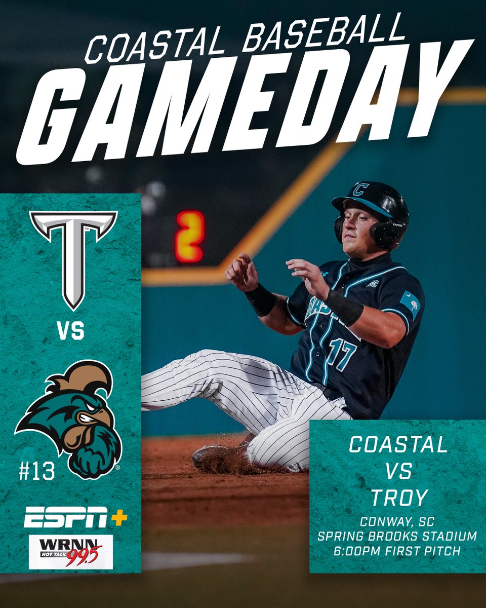 GAMEDAY! We slide back to #ThePalace for the series opener against Troy. #CCUinConway all weekend. 📹: es.pn/3QjrzEu 🔊: wrnn.net 📈: bit.ly/2ZSzMVB #TEALNATION | #ChantsUp
