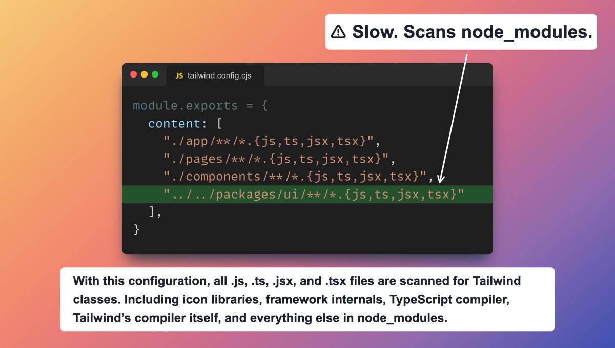 Tailwind CSS build/dev performance tip: If you have a pattern like this: '../../packages/ui/**/*.{js,ts,jsx,tsx}' It will cause packages/ui/node_modules to be scanned too. With this configuration, all .js, .ts, .jsx, and .tsx files are scanned for Tailwind classes. Including…