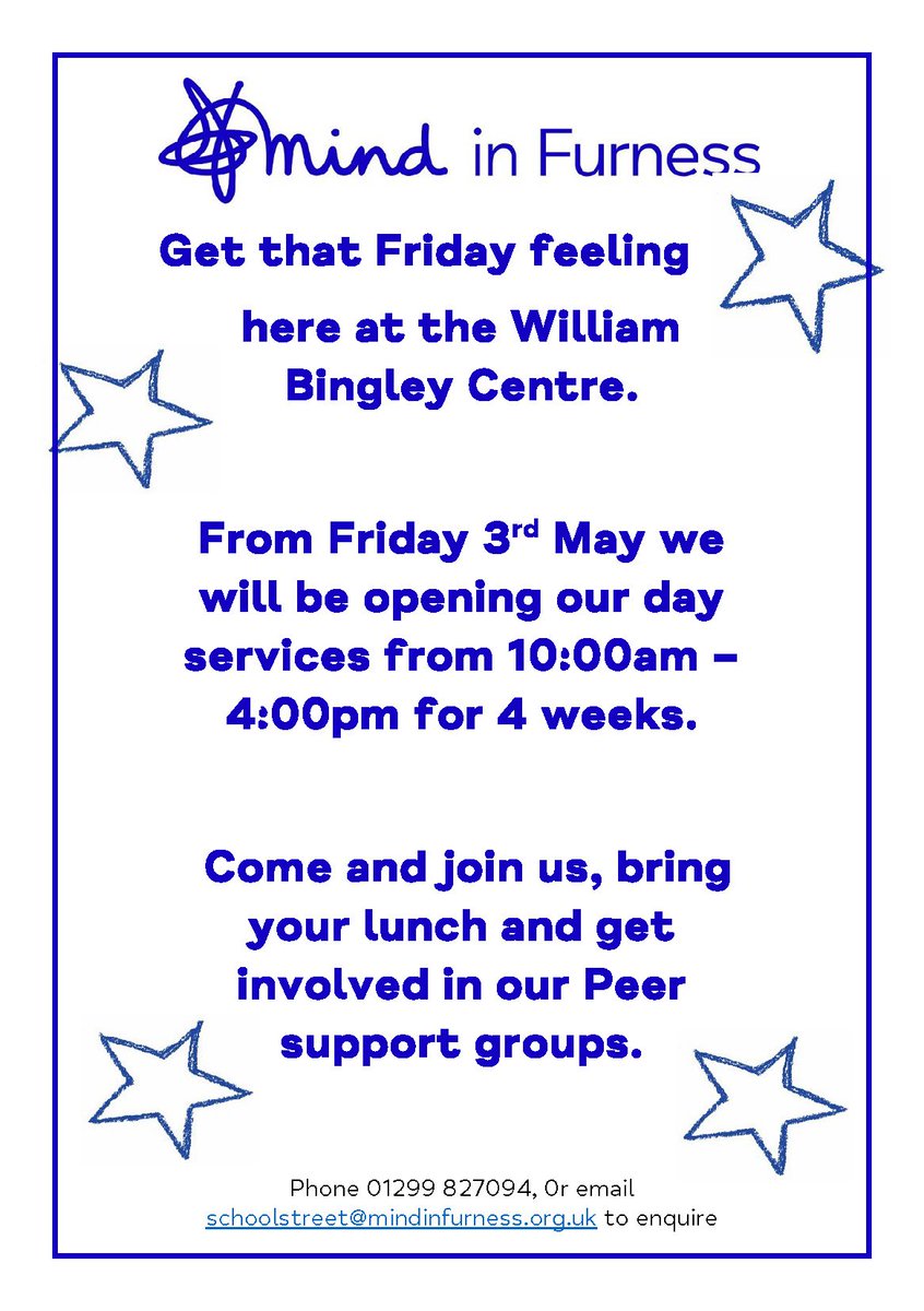 From Friday 3rd May, we're opening right through with no need to leave the building between groups or for lunch....Peer Support Open Day... Friday's for the next 4 weeks. Get involved...