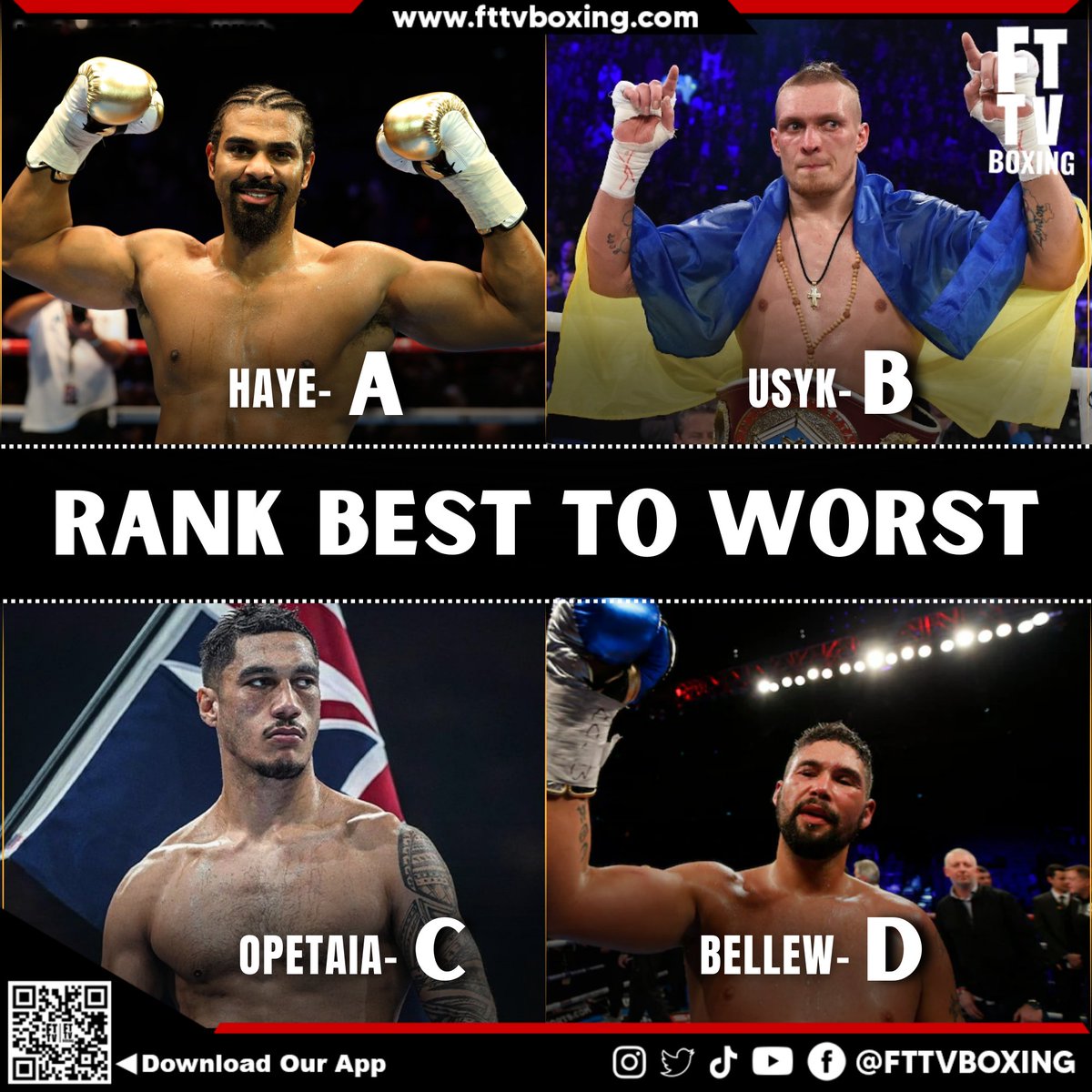 Rank Best to Worst! 👀 
Cruiserweight 

#Cruiserweight #DavidHaye #OleksandrUsyk #JaiOpetaia #TonyBellew #fightfans #boxing #boxingnews #boxingfans