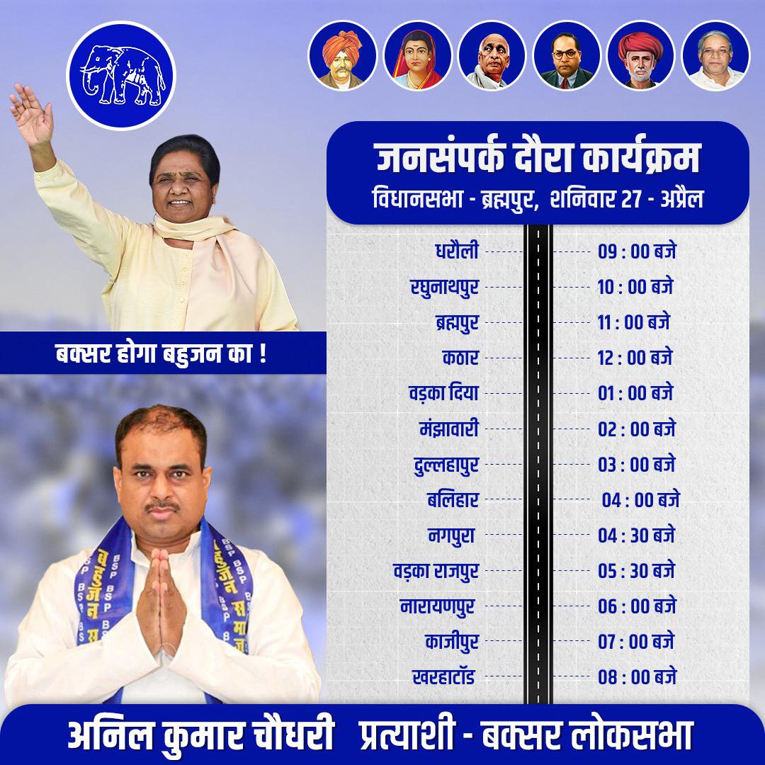 AnilKumarBSP11's tweet photo. जनसंपर्क दौरा कार्यक्रम
विधानसभा~ ब्रह्मपुर, 27 अप्रैल~ शनिवार

#1june #mayawatijiforPm #BSP #buxarhogabahujanka #buxar #buxarloksabha https://t.co/YttKaG2JBM