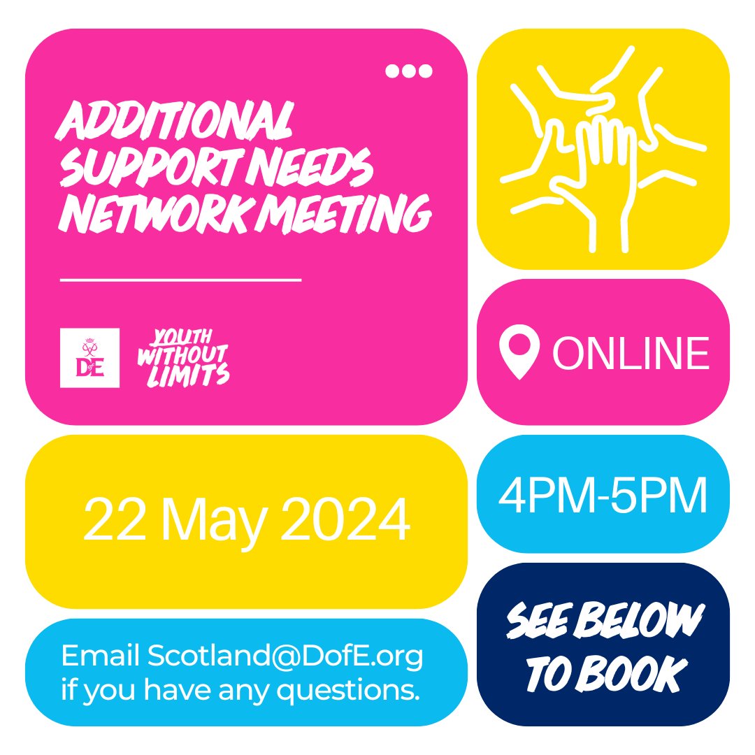 Join us for our Additional Support Needs Network Meeting on Wednesday, 22 May at 4PM. We'll be discussing how to support young people with additional support needs to take part in the #DofE 🥾 Book your spot now to join the conversation: edofe.org/Training/Publi…