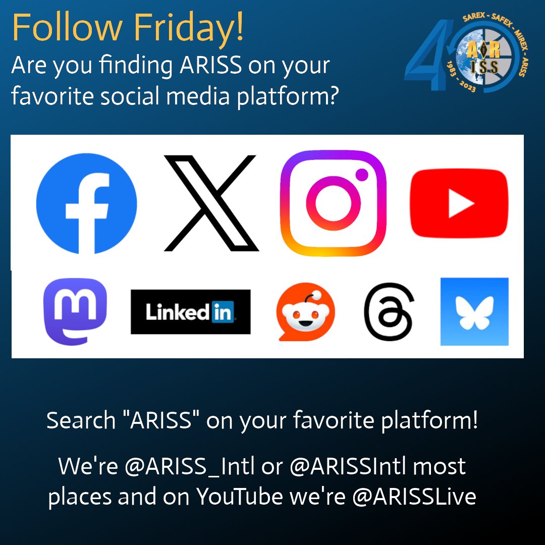 ARISS has social media covered! Give us some #FollowFriday love on your favorite platform! 73!