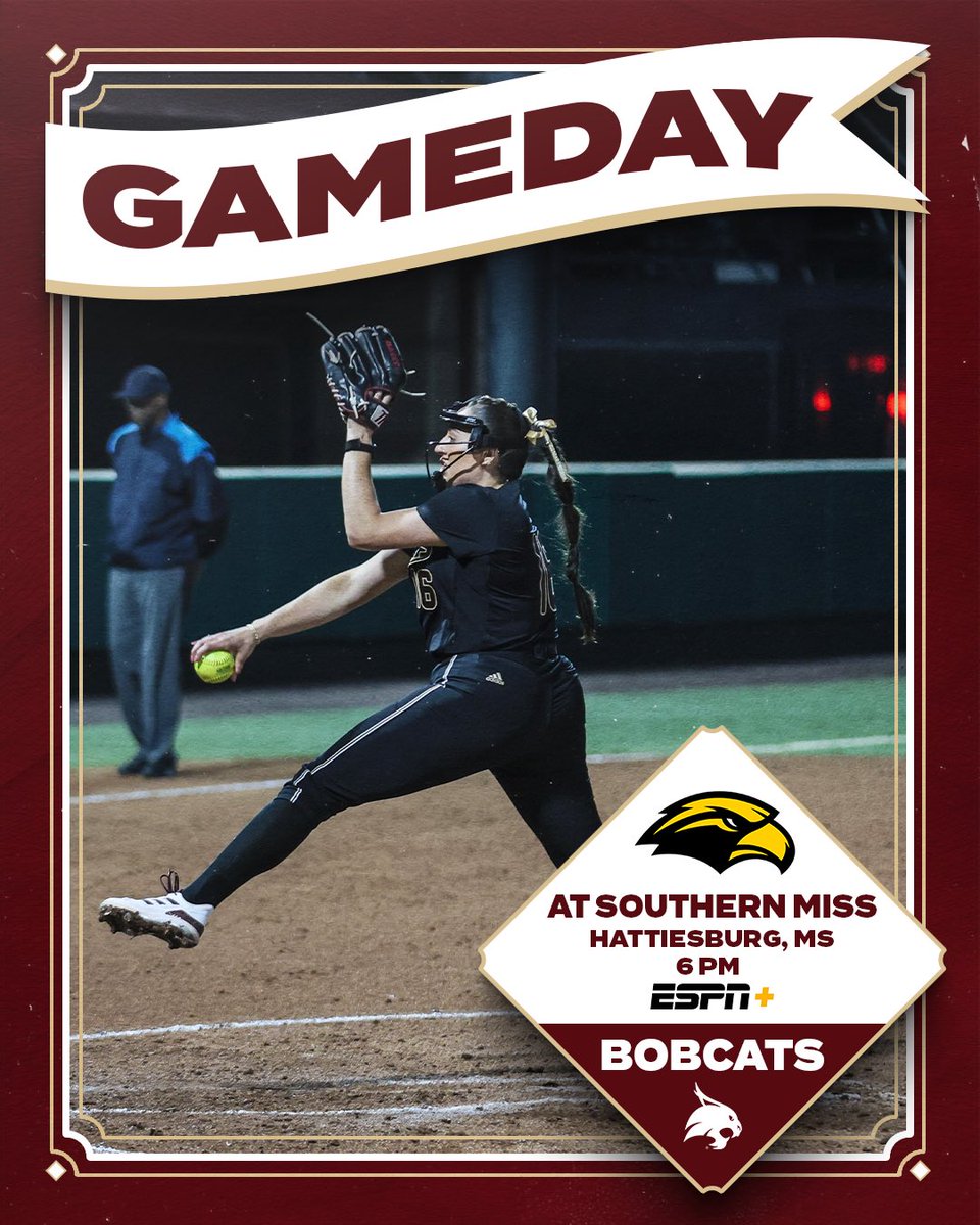 On the road again! #EatEmUp

🆚 <a href="/southernmisssb/">Southern Miss Softball</a> 
⏰ 6 pm
📍 Hattiesburg, Mississippi
📺 tinyurl.com/2lk4pk59
📈 txst.com/stats