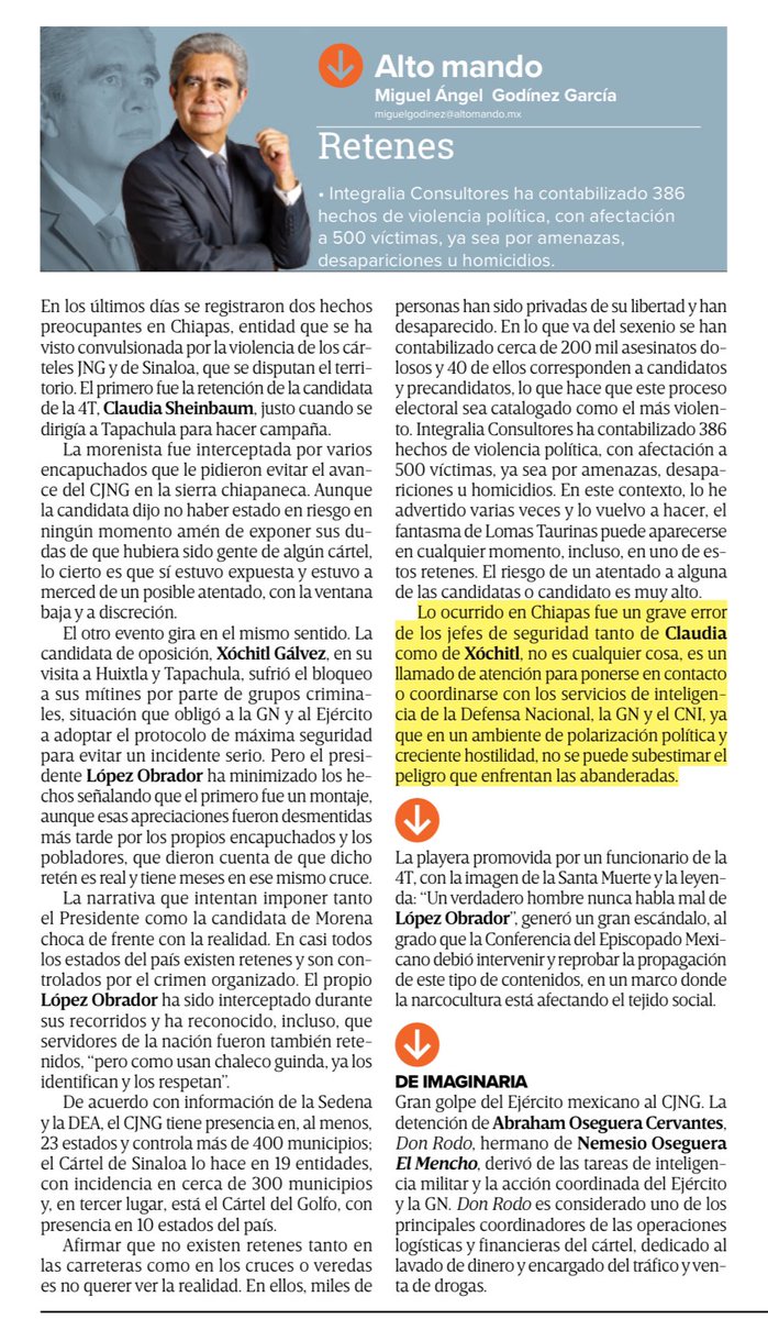 “De acuerdo con información de la Sedena y la DEA, el CJNG tiene presencia en, al menos, 23 estados y controla más de 400 municipios; el Cártel de Sinaloa lo hace en 19 entidades, con incidencia en cerca de 300 municipios y, en tercer lugar, está el Cártel del Golfo, con…