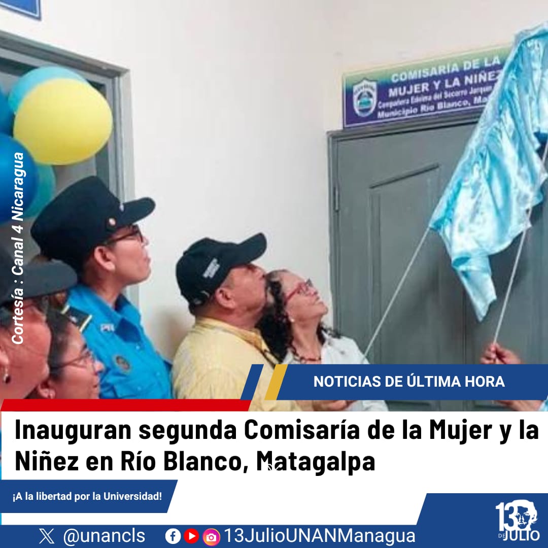 Río Blanco, ubicada en el departamento de Matagalpa se inauguró la segunda comisaría de la mujer y la niñez del municipio, marcando así un avance en la lucha por la paz y la seguridad de las familias de esta región
✊🏼🇳🇮🖤❤️
#SomosUNAN 
#4519LaPatriaLaRevolución
#ManaguaSandinista