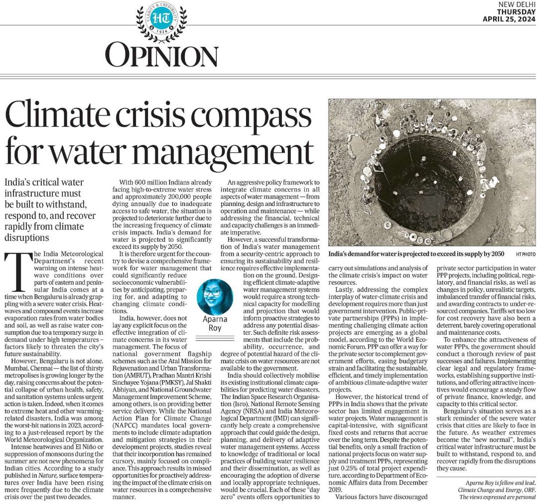My latest @htTweets emphasise crucial link b/w #climate change & #water management in Indian #cities. #Heatwaves are affecting water resources. #Bangalore #water crisis is a warning – cities must act fast. I propose practical water management strategies to tackle #climate extreme