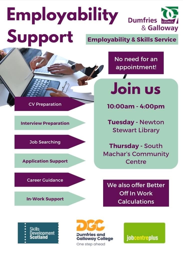 Employability support is coming to Newton Stewart & Whithorn. Need help? Pop along to the sessions below 👇👇👇 #emlpoyability