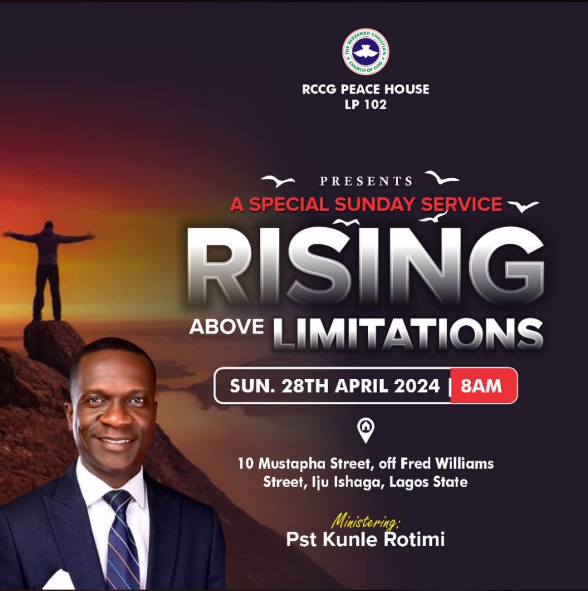 Come, Experience a Sacred Sunday Service, Where We Rise Beyond Limitations!

Venue: RCCG PEACE HOUSE LP 102. [10 Mustapha Street, off Fred Williams Street, lju Ishaga, Lagos State]

Invite as many as possible!

Embrace Limitless Possibilities.

God bless you. 🙏🏾

#rccgpeacehouse