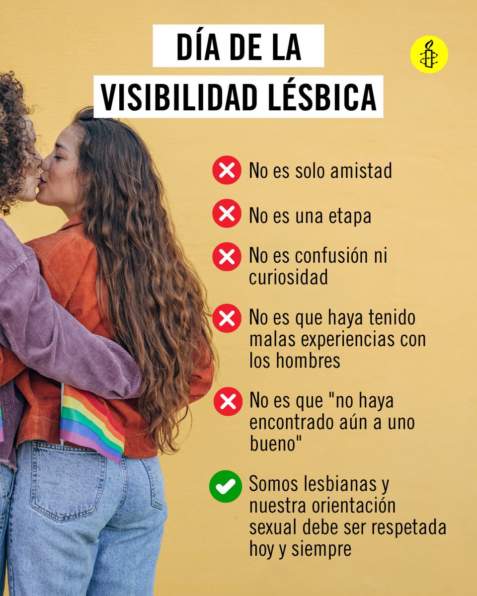 Hoy 26 de abril es el Día de la #VisibilidadLésbica y recordamos que, pese a los avances, las mujeres lesbianas siguen enfrentándose a obstáculos en cuanto a la aceptación social, la igualdad de derechos y la seguridad en todo el mundo. Lee nuestro post👉 amn.st/6014bI9sM