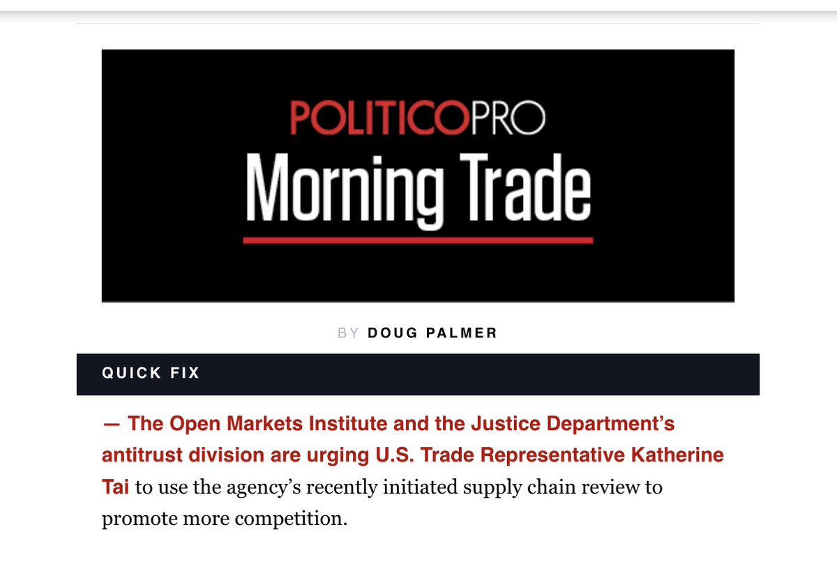 “Combatting dangerous concentrations of global productive capabilities should be a core goal for U.S. trade policy...' Find our submission to @USTradeRep on strengthening supply chains with more competition in @Morning_Trade