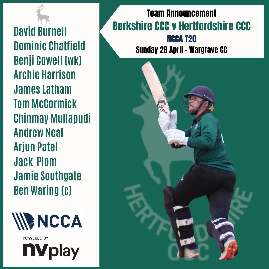 📢Team Announcement

@hertsccc have selected a 12 man squad to travel to <a href="/BerksCricket/">Berkshire Cricket</a> on Sunday for their first <a href="/NCCA_uk/">NCCA (National Counties Cricket Association)</a>  match of the season in the Twenty-20 Cup at <a href="/WargraveCc/">Wargrave CC</a>

💚🫎🖤
#moose #t20 #cricket <a href="/nvplaycricket/">NV Play</a>