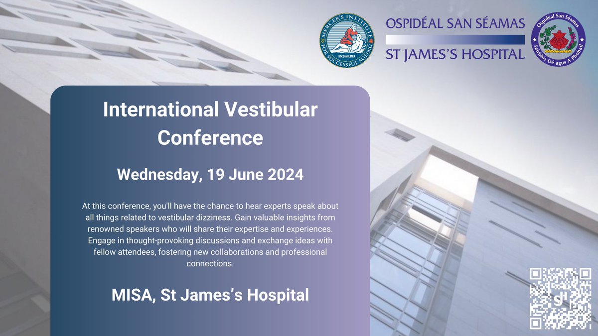 Come join us for the second International Vestibular Conference, a thrilling event dedicated to all things vestibular! The hybrid conference will be hosted here in #MISA in St James's Hospital, or you can join us online for the day via Zoom💻 Sign up 👉 bit.ly/SJHVestibularC…