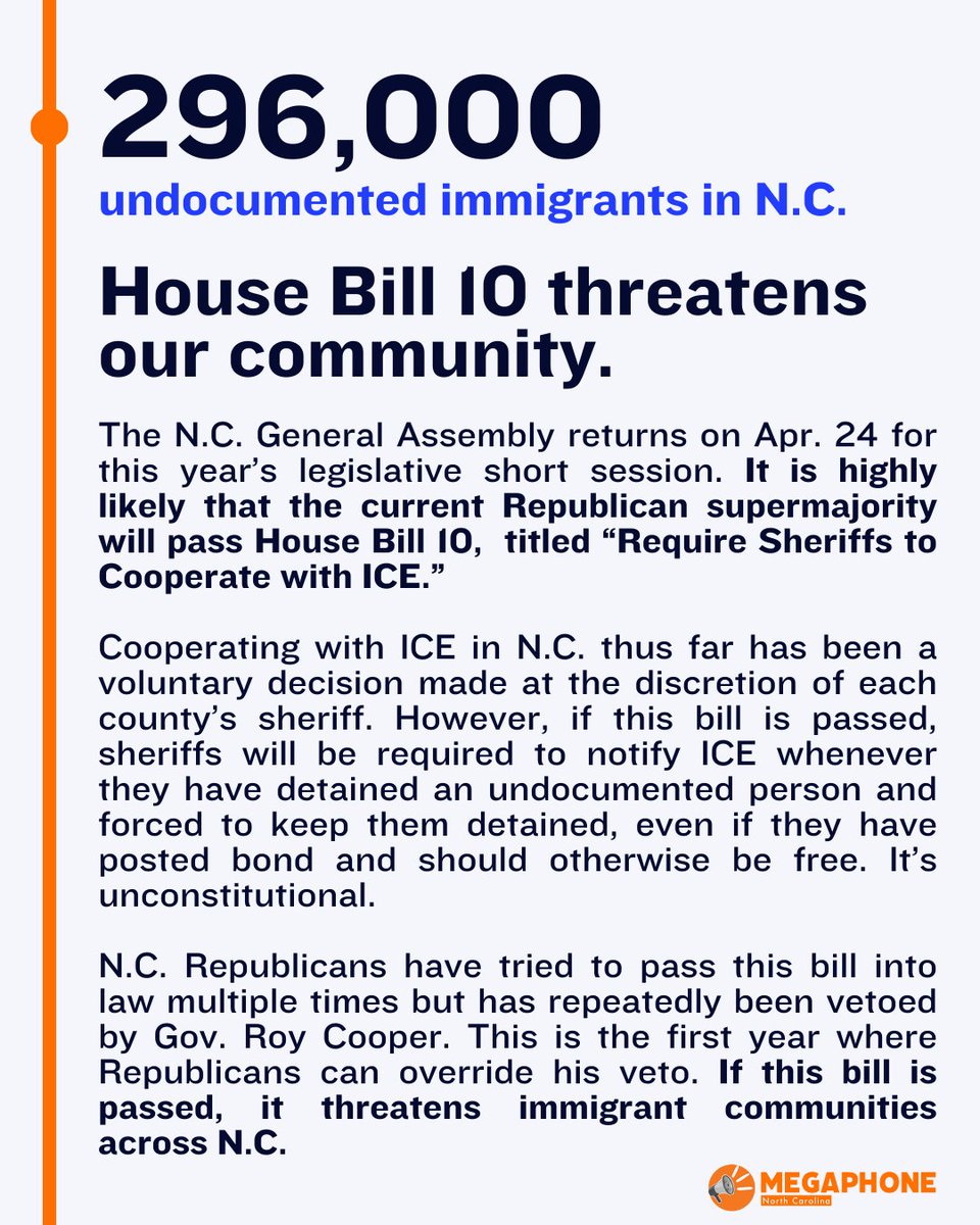 ncapref's tweet image. If passed, House Bill 10, also known as "Require Sheriffs to Cooperate with ICE," will impede sheriffs’ ability to build trust with immigrant communities and keep people safe.  ncleg.gov/FindYourLegisl… - Contact your reps— hold them accountable #ncapref #mobilizeimpactchange