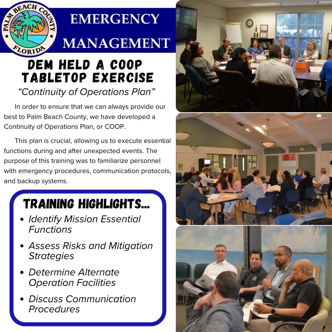 COOP ensures continued performance. Through training, we strengthen our overall ability to adapt and overcome. We want to thank everyone that came out and took part in this exercise. Together, emergencies are managed. #TEAMPBC #PBCDEM #EmergencyManagement #COOPexercise