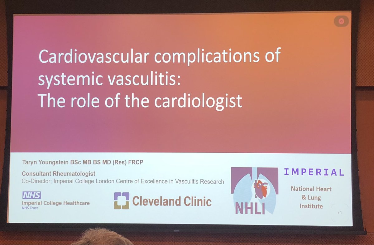 Fabulous talk: CVD involvement in vasculitis by @TYoungstein 

LVV:
-Cardiac involvement -> Cyclophosphamide 

-Silence CAD 

ANCA:
-Highest Cardiac involvement within 3mo

-Myocarditis by CMR even w/ norma trop and TTE

For CVD, surveillance is 🗝️

@CardioNerds @NYUCVDPrevent