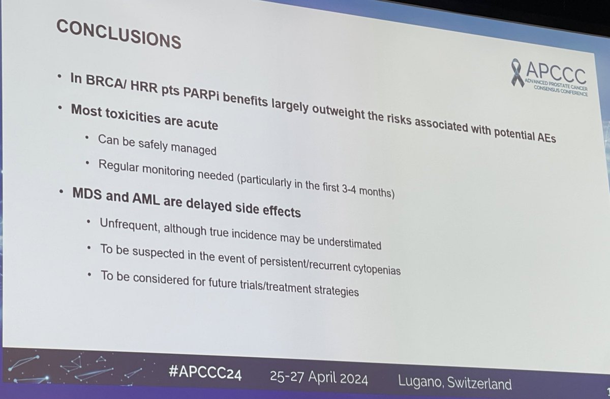 #APCCC2024 @APCCC_Lugano 👉 Excellent talk by @Ecastromarcos on management of adverse events of PARP inhibitors 👉Grade 3-4 toxicity occurs early in 3-4 months, and timely dose reduction allows pts to continue Rx👉The benefit outweighs side effects👇 @OncoAlert @Silke_Gillessen