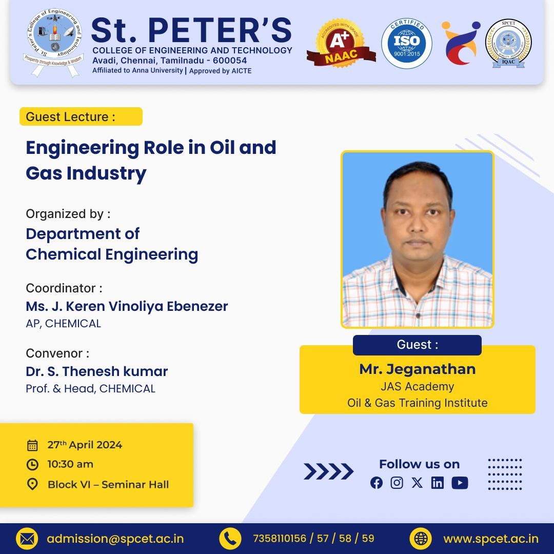 Unlocking Insights: Join us for a captivating guest lecture on 'Engineering Role in Oil and Gas Industry  featuring Mr. Jeganathan from JAS Academy Oil & Gas Training Institute. 

#OilAndGasIndustry  #spcet #stpeters #bestenginerringcollege #bestcollege #Ascenders